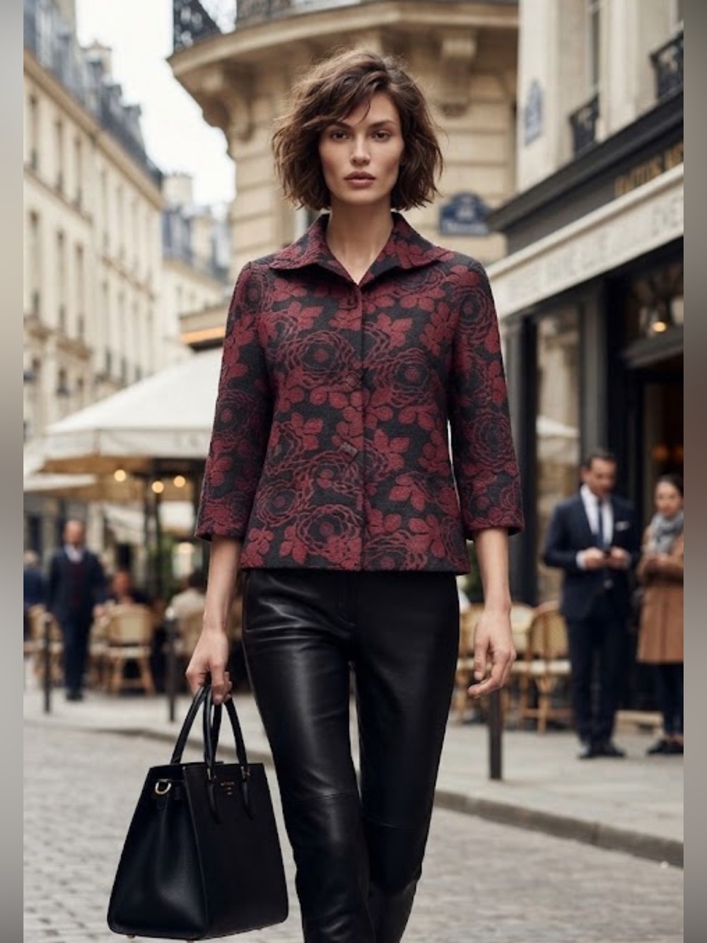 Vintage Floral Jacquard Blazer Boxy Jacket Red Black 3/4 Sleeve